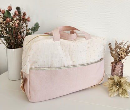 Wickeltasche aus ecrufarbener Baumwollgaze und beigem Cord