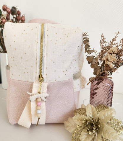 Wickeltasche aus ecrufarbener Baumwollgaze und beigem Cord