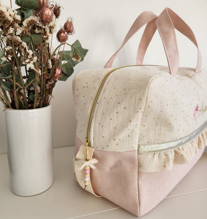 Wickeltasche aus ecrufarbener Baumwollgaze und beigem Cord