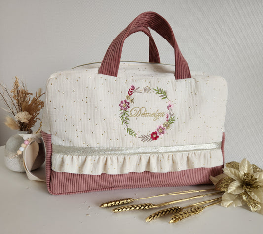 Wickeltasche aus ecrufarbener Baumwollgaze und beigem Cord