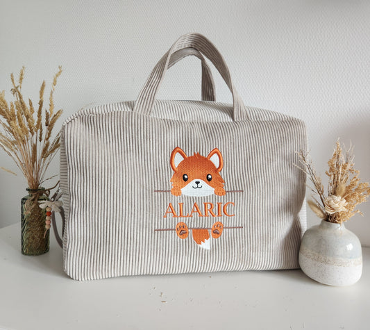 Sac à langer ou de voyage en velours côtelé beige et broderie renard