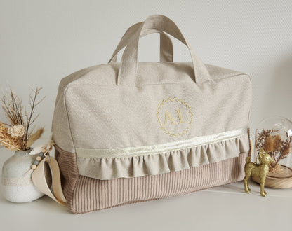 Sac à langer ou de voyage coton beige scintillant et velours côtelé