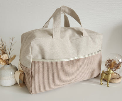 Sac à langer ou de voyage coton beige scintillant et velours côtelé