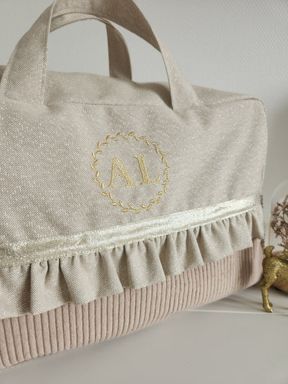 Sac à langer ou de voyage coton beige scintillant et velours côtelé