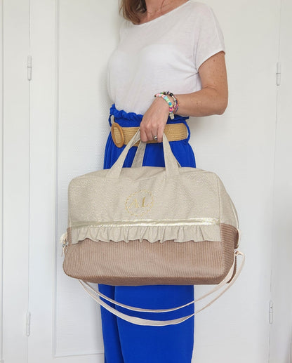 Sac à langer ou de voyage coton beige scintillant et velours côtelé