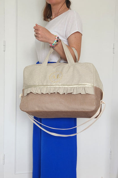 Sac à langer ou de voyage coton beige scintillant et velours côtelé