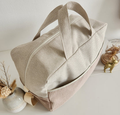 Sac à langer ou de voyage coton beige scintillant et velours côtelé