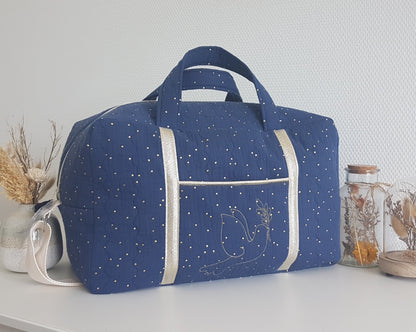 Sac à langer ou de voyage matelassé, double gaze de coton à pois dorés  .
