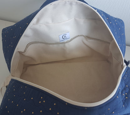 Sac à langer ou de voyage matelassé, double gaze de coton à pois dorés  .