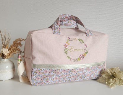 Diaper or travel bag, old pink floral cotton fleece