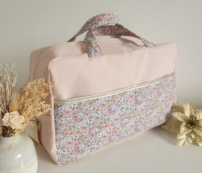 Diaper or travel bag, old pink floral cotton fleece