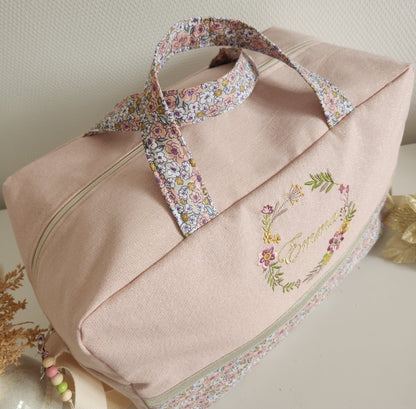 Diaper or travel bag, old pink floral cotton fleece