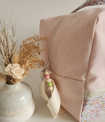 Diaper or travel bag, old pink floral cotton fleece