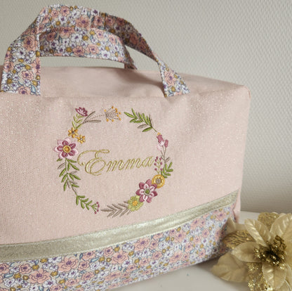 Diaper or travel bag, old pink floral cotton fleece