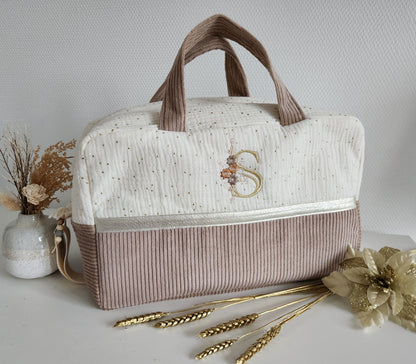Sac à langer en gaze de coton écrue et velours côtelé beige