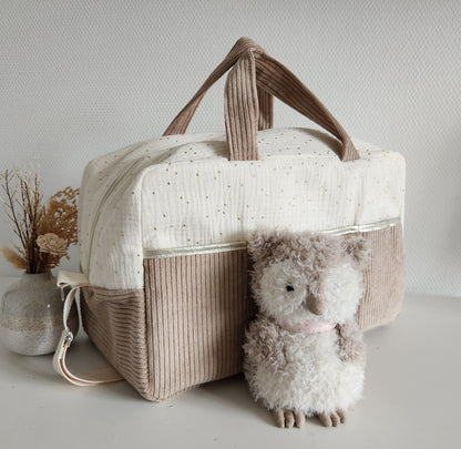 Sac à langer en gaze de coton écrue et velours côtelé beige