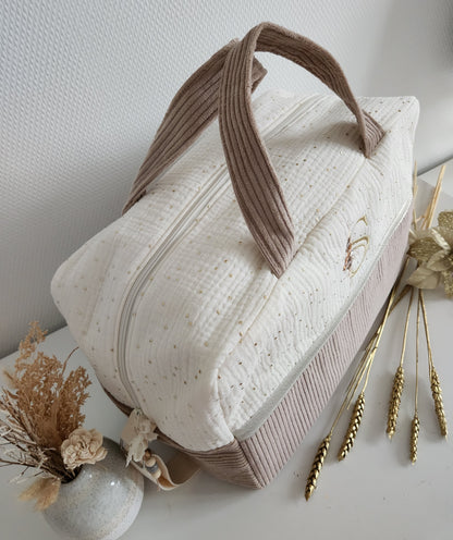 Sac à langer en gaze de coton écrue et velours côtelé beige
