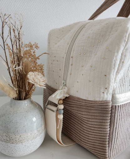 Sac à langer en gaze de coton écrue et velours côtelé beige
