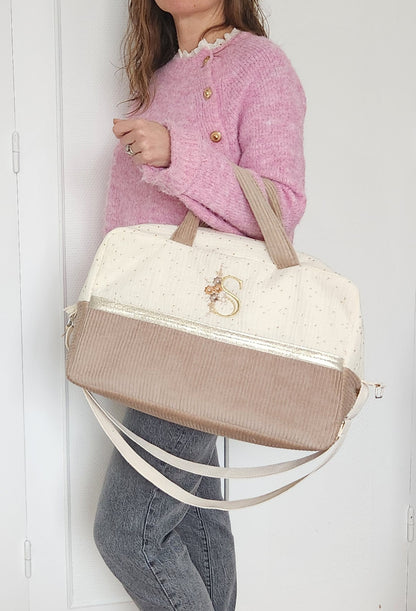 Sac à langer en gaze de coton écrue et velours côtelé beige