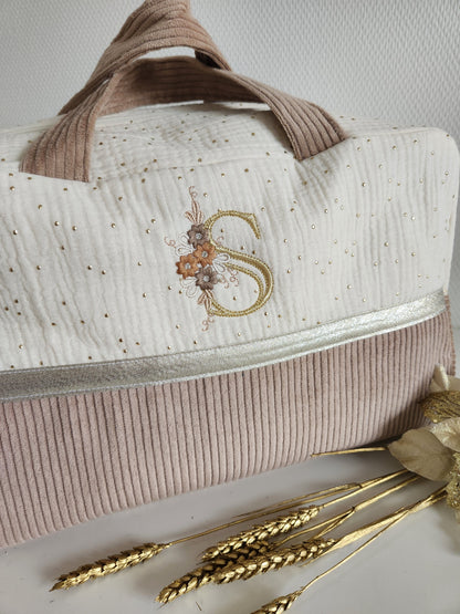 Sac à langer en gaze de coton écrue et velours côtelé beige