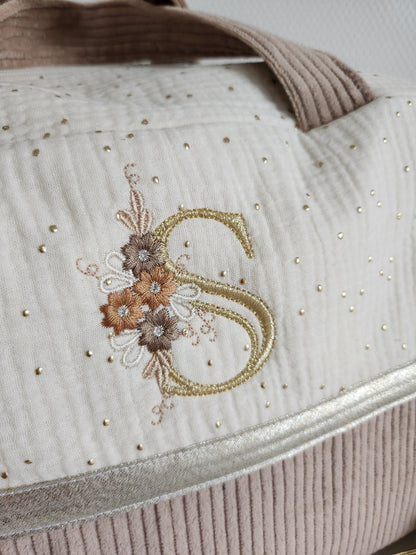 Sac à langer en gaze de coton écrue et velours côtelé beige
