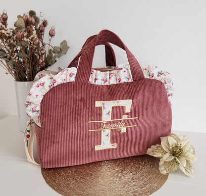 Quilted diaper or travel bag, double cotton gauze with gold polka dots.