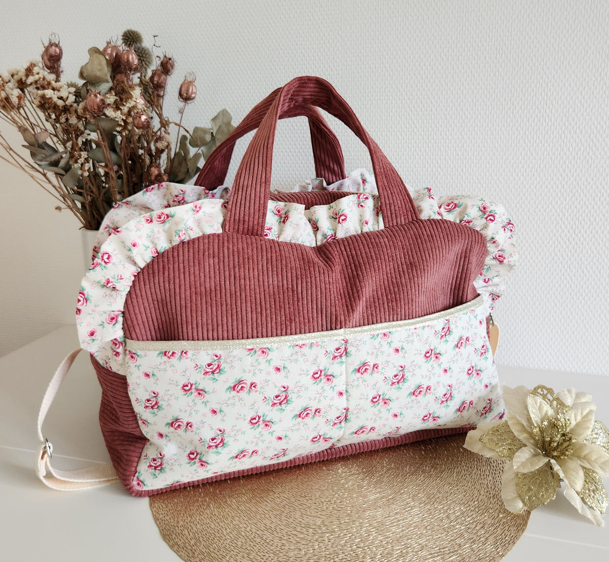 Quilted diaper or travel bag, double cotton gauze with gold polka dots.