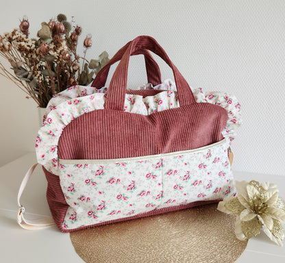 Quilted diaper or travel bag, double cotton gauze with gold polka dots.