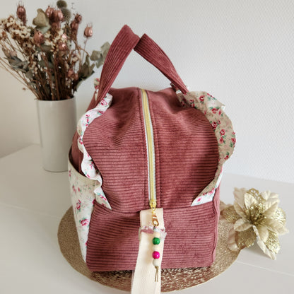 Quilted diaper or travel bag, double cotton gauze with gold polka dots.