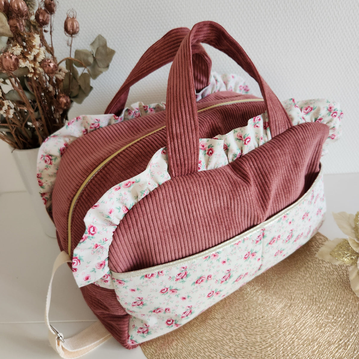 Quilted diaper or travel bag, double cotton gauze with gold polka dots.