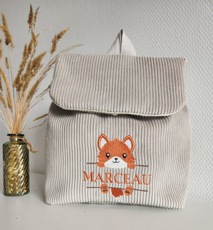 Sac à dos maternelle en velours, broderie renard