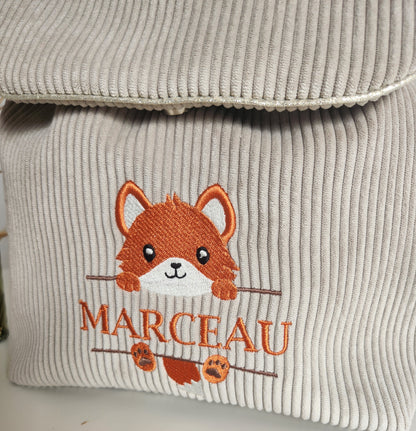 Sac à dos maternelle en velours, broderie renard