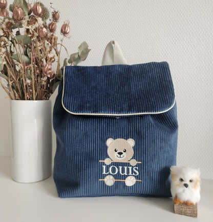 Sac à dos maternelle en velours, broderie ourson