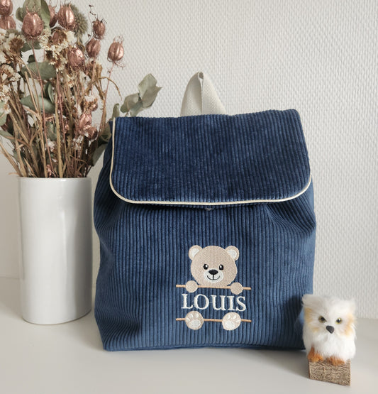 Sac à dos maternelle en velours, broderie ourson