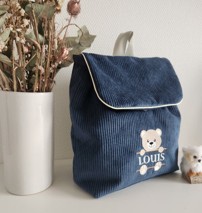 Sac à dos maternelle en velours, broderie ourson