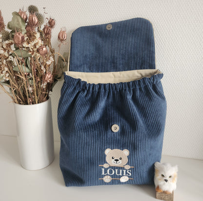 Sac à dos maternelle en velours, broderie ourson