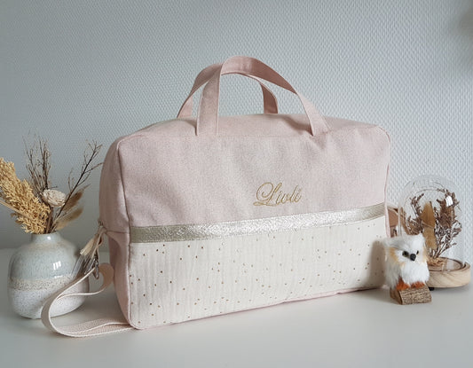 Wickel- oder Reisetasche, schimmernde blassrosa und doppelte ecrufarbene Baumwollgaze mit goldenen Punkten