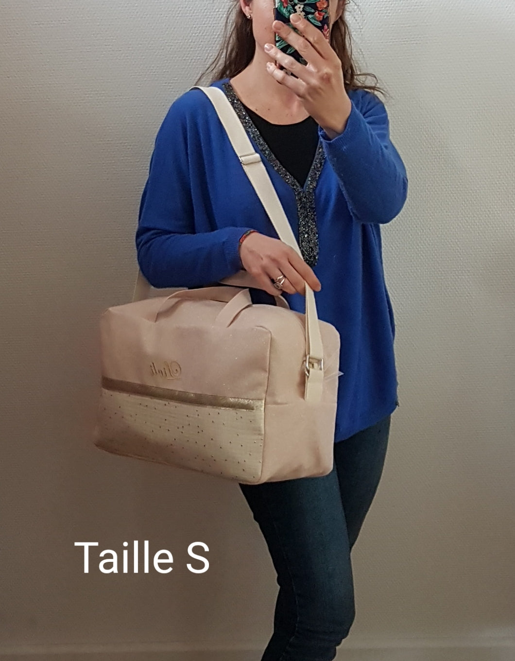 Sac à langer ou de voyage, rose pâle scintillant et double gaze de coton écrue à pois dorés