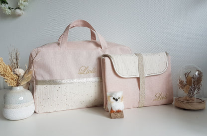 Sac à langer ou de voyage, rose pâle scintillant et double gaze de coton écrue à pois dorés