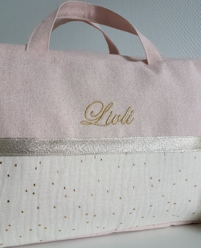 Sac à langer ou de voyage, rose pâle scintillant et double gaze de coton écrue à pois dorés