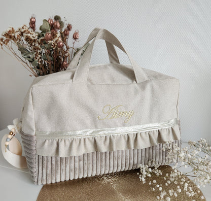 Sac à langer ou de voyage coton beige scintillant et velours côtelé