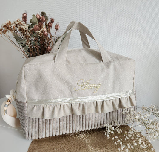 Sac à langer ou de voyage coton beige scintillant et velours côtelé