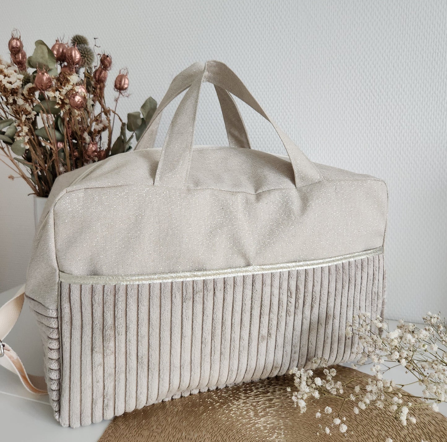 Sac à langer ou de voyage coton beige scintillant et velours côtelé