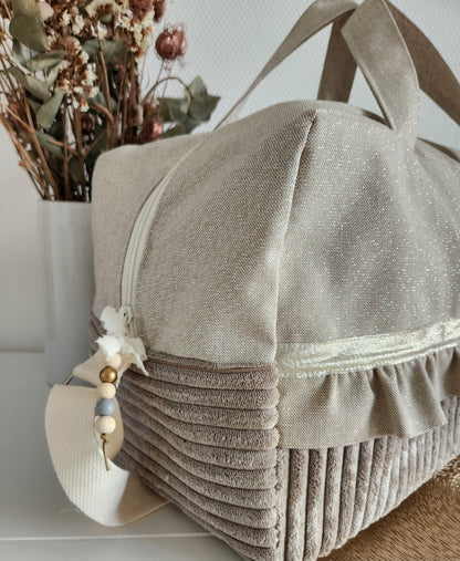 Sac à langer ou de voyage coton beige scintillant et velours côtelé