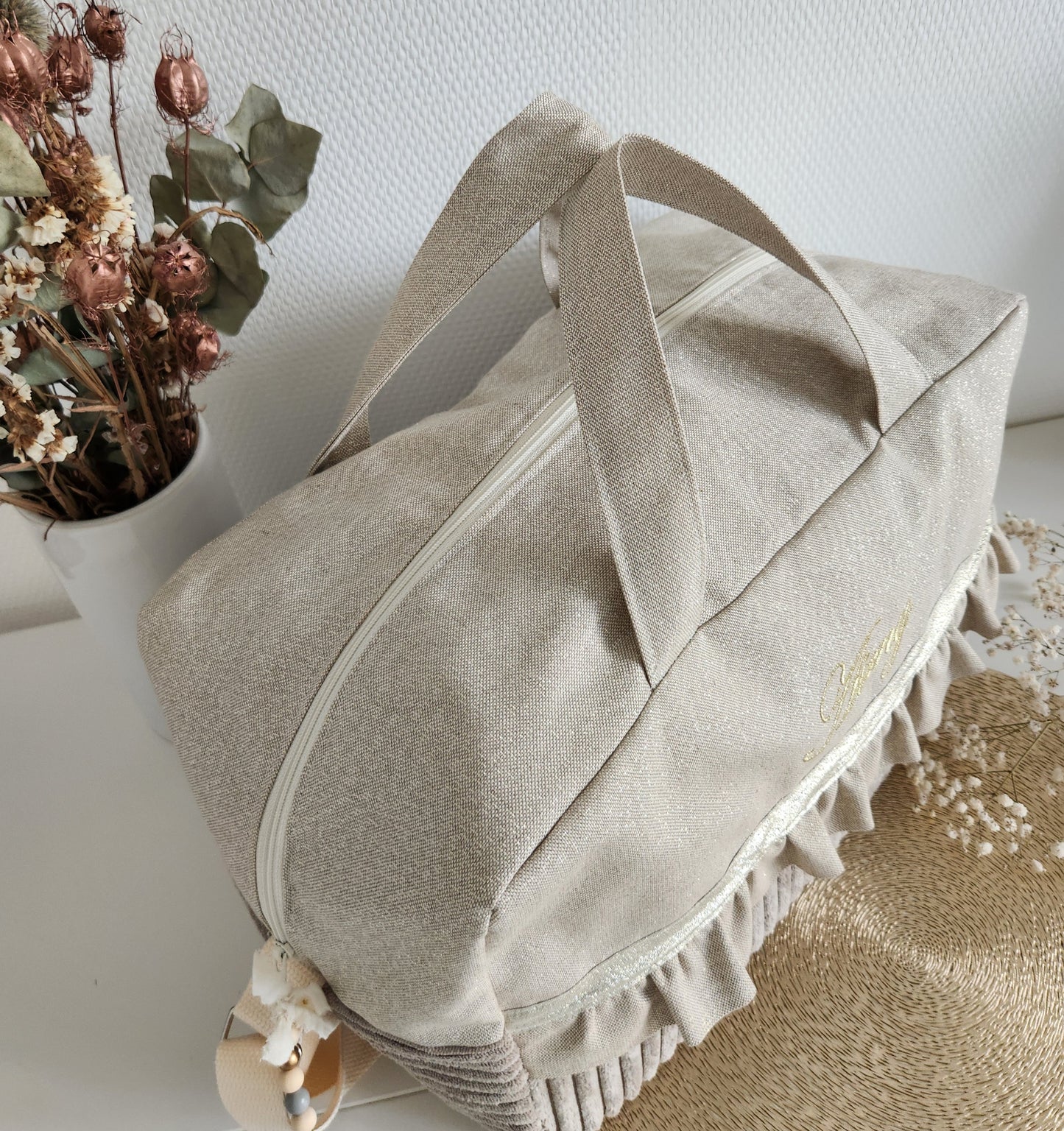 Sac à langer ou de voyage coton beige scintillant et velours côtelé