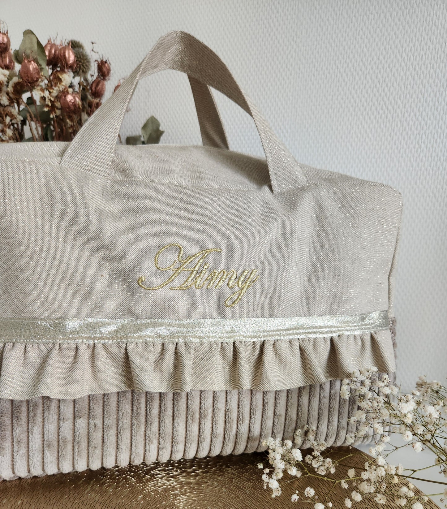 Sac à langer ou de voyage coton beige scintillant et velours côtelé