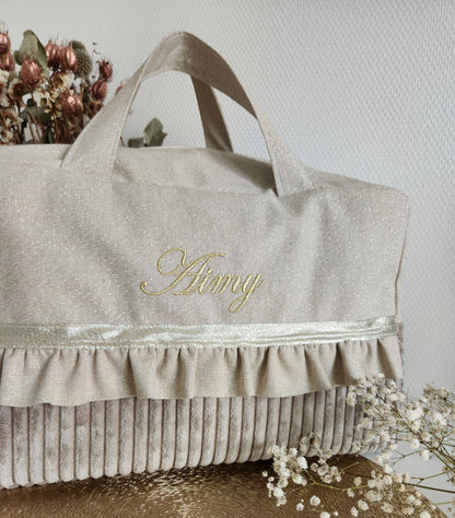 Sac à langer ou de voyage coton beige scintillant et velours côtelé