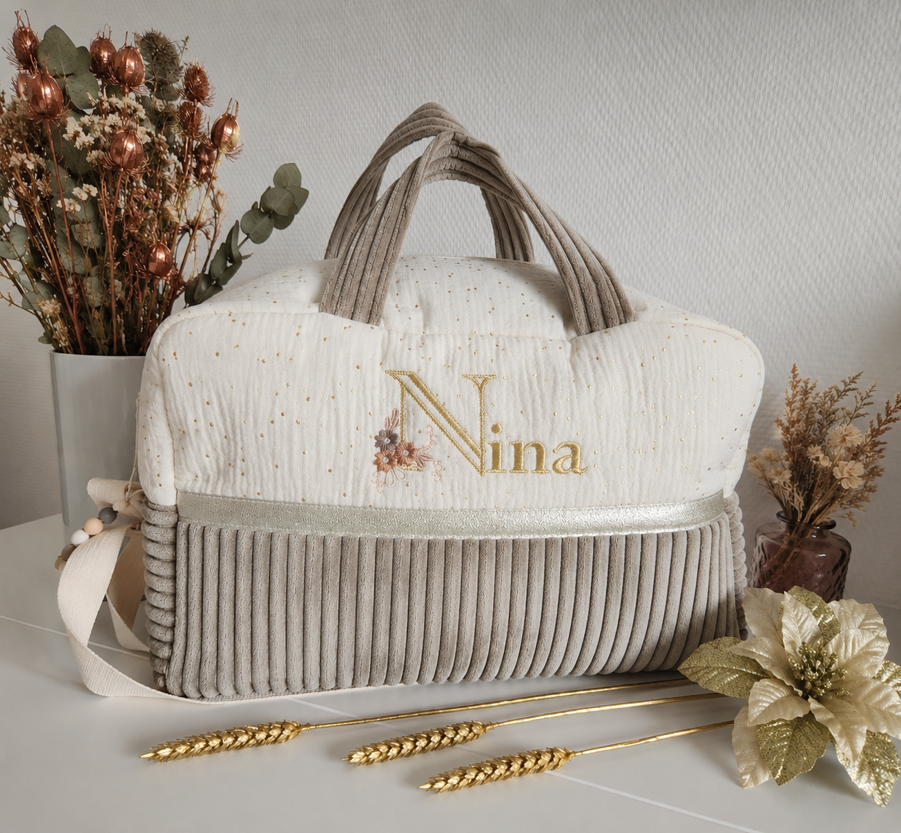 Sac à langer en gaze de coton écrue et velours côtelé greige