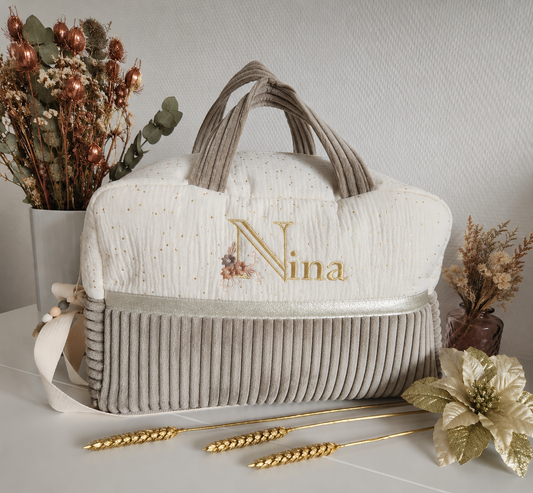 Sac à langer en gaze de coton écrue et velours côtelé greige