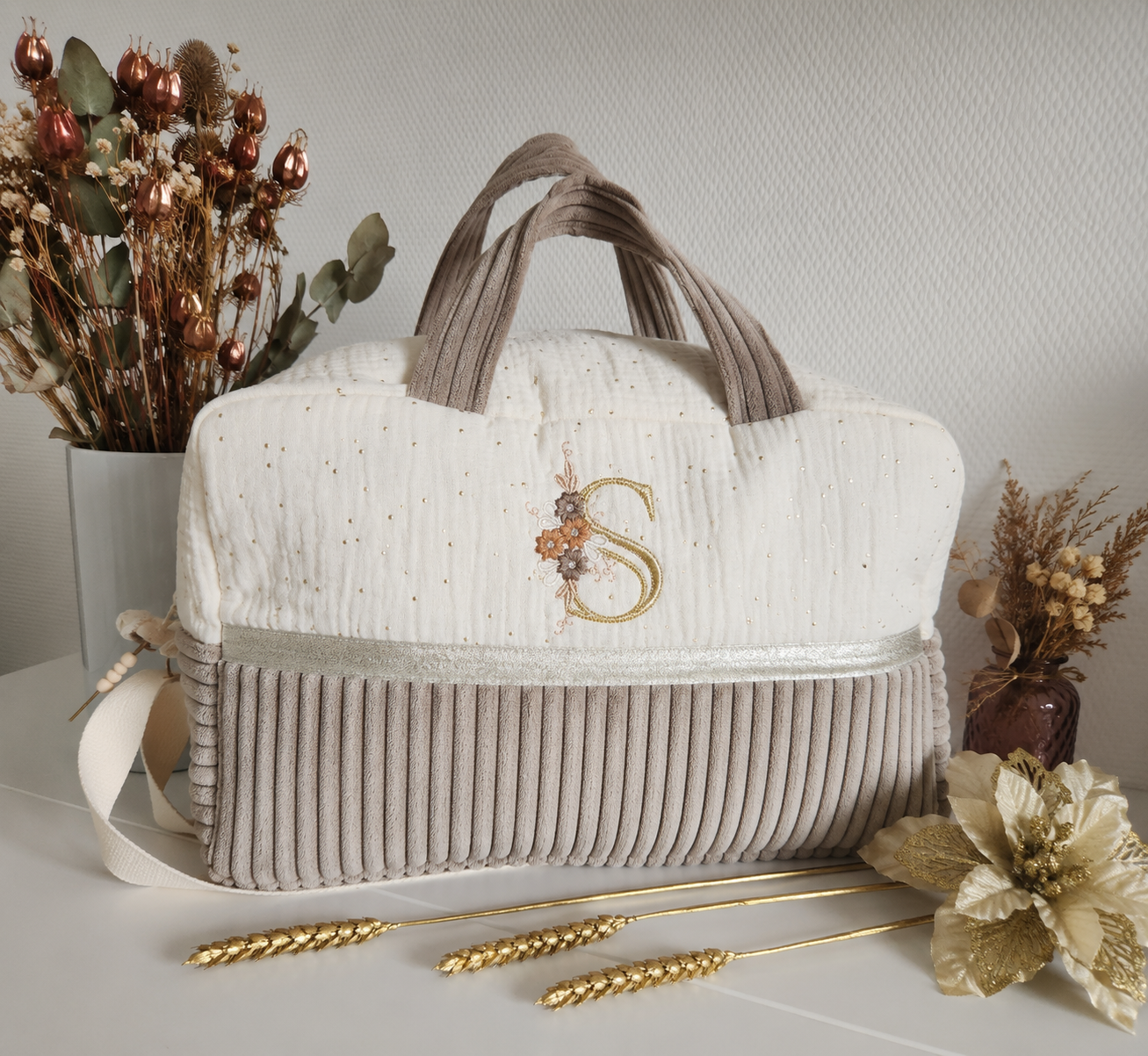Sac à langer en gaze de coton écrue et velours côtelé greige